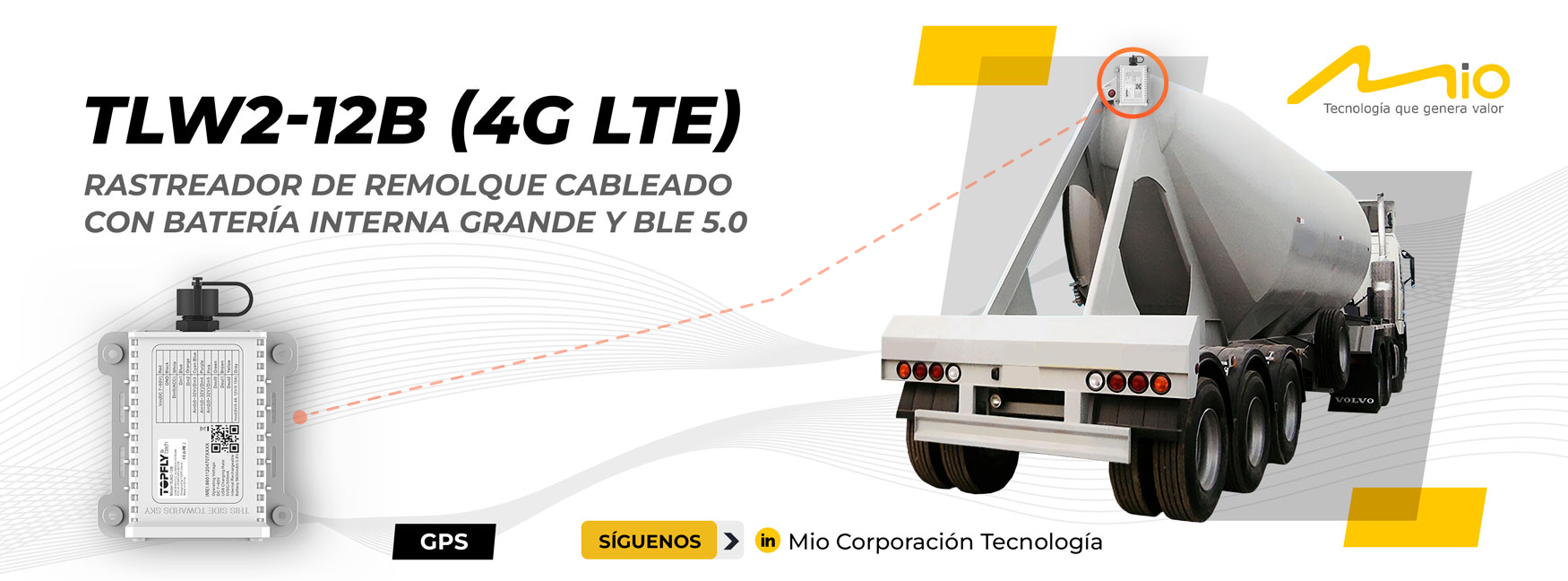 Mio Corporación Tecnología S.A.C. - TLW2-12B-(4G-LTE) - Rastreador de remolque cableado con batería interna grande y Bluetooth 5.0